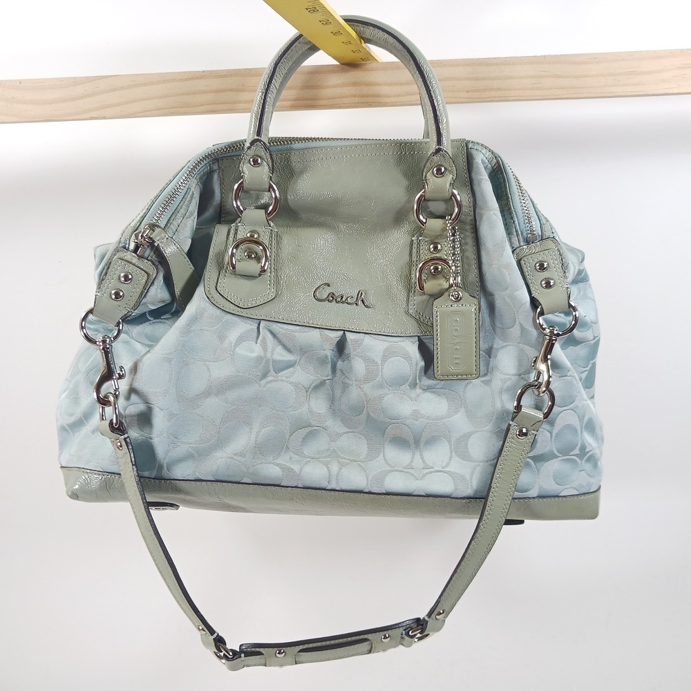 Coach Ashley Signature Satchel Light Blue Jacquard Patent Leather Bag F15440 - Picture 2 of 12